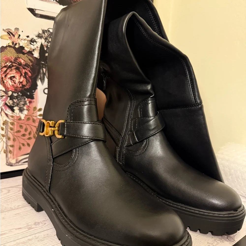 Guess Jellio Black Over-the-Knee Boots with Gold Accent